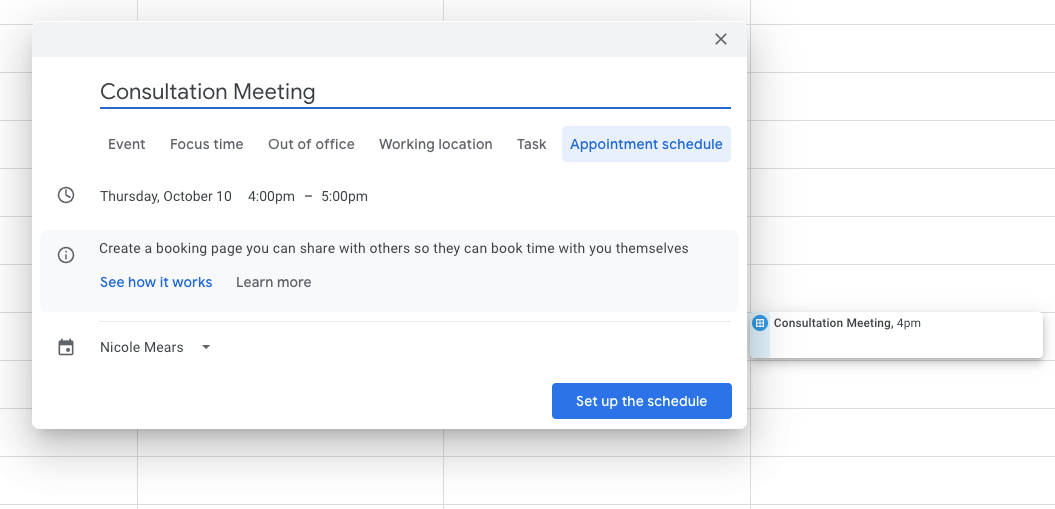 Google calendar "Appointment Schedule" option that appears when you create a new meeting.